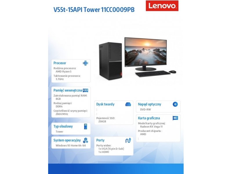 Lenovo V55t Amd Ryzen 5 3400g 8 Gb Ddr4 Sdram 256 Gb Ssd Tower Black Pc Windows 10 Pro 01 Ee