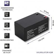 Qoltec AGM battery 12V 3.3Ah, max. 49.5A