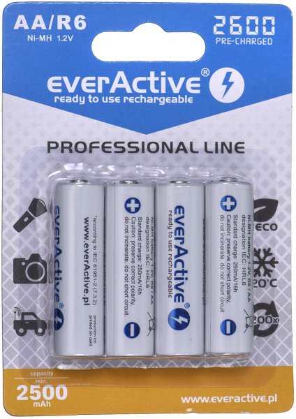 tandpine Regelmæssigt Forpustet EverActive Rechargeable batteries Ni-MH R6 AA 2600 mAh Professional Line  EVHRL6-2600 - 01.ee