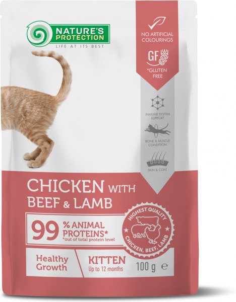 Natures Protection NATURE S PROTECTION Healthy Growth Kitten Chicken with Beef and Lamb canned pet food with chicken beef and lamb for kittens to support healthy growth 100 g in a pouch NPUPF63658